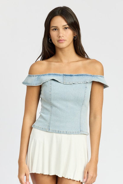 OFF SHOUDER BUSTIER TOP WITH BACK ZIPPER LT DENIM S by Emory Park | Fleurcouture