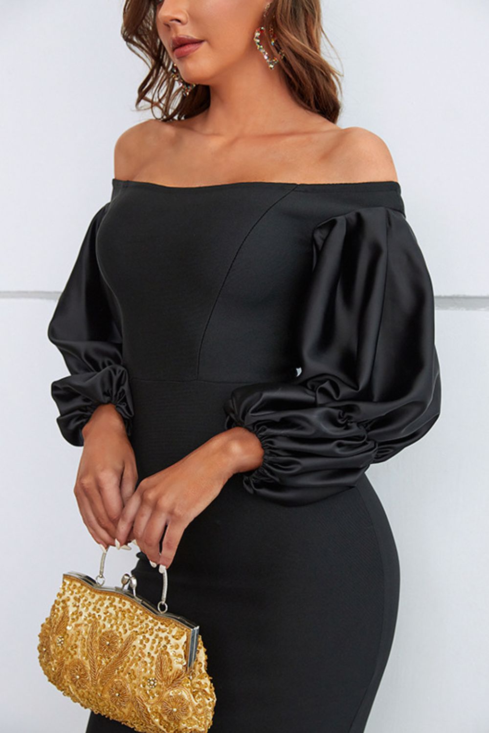 Off-Shoulder Bubble Sleeve Slit Dress Black Women&