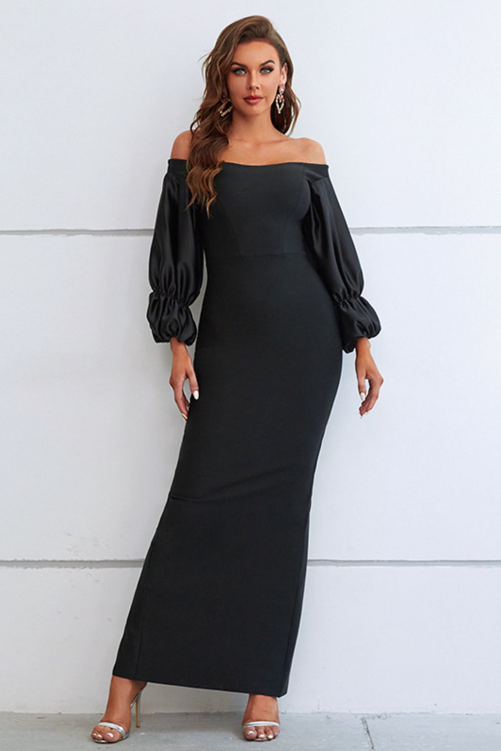 Off-Shoulder Bubble Sleeve Slit Dress Black Women&