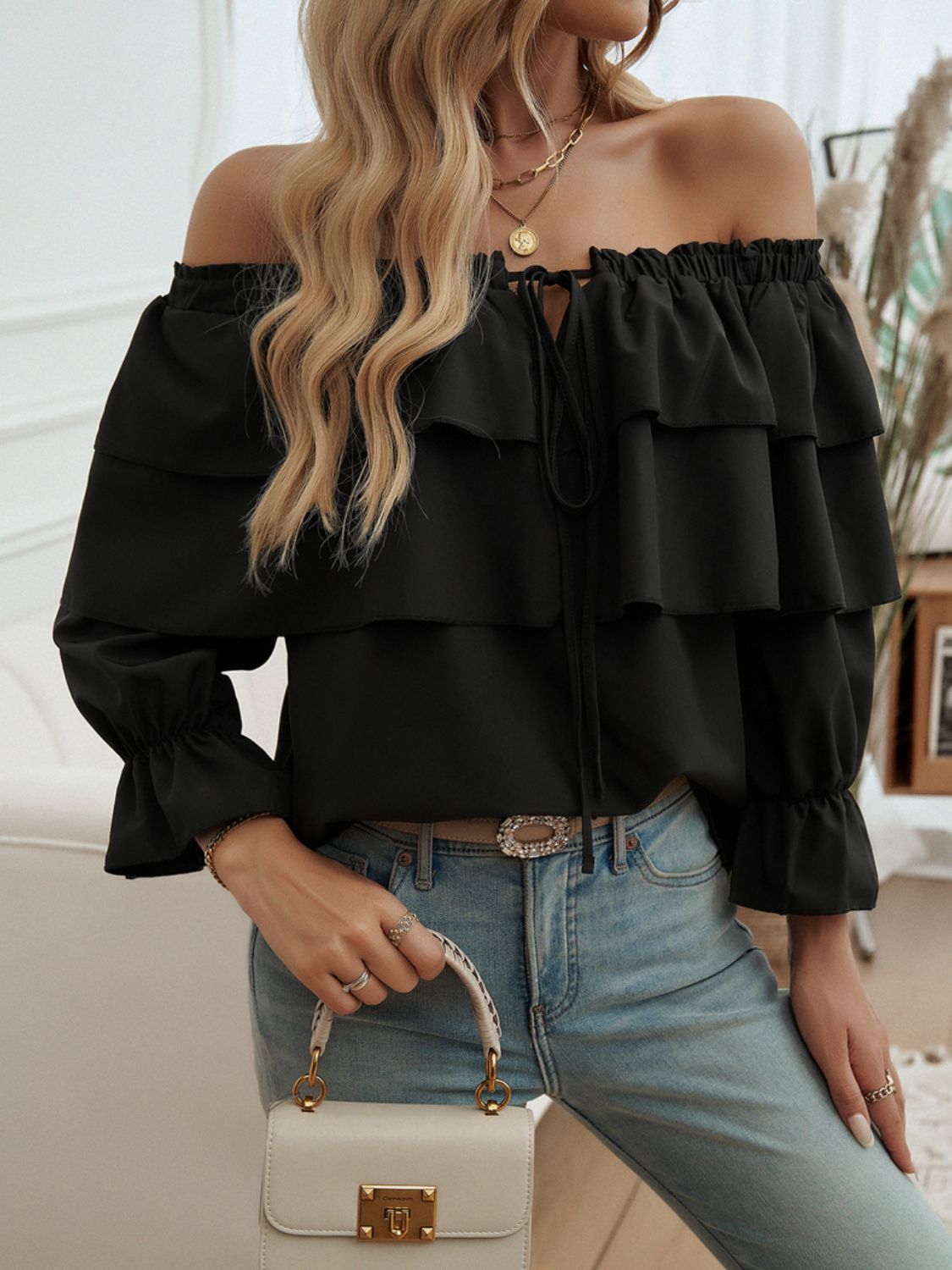 Off-Shoulder Flounce Sleeve Blouse Women&