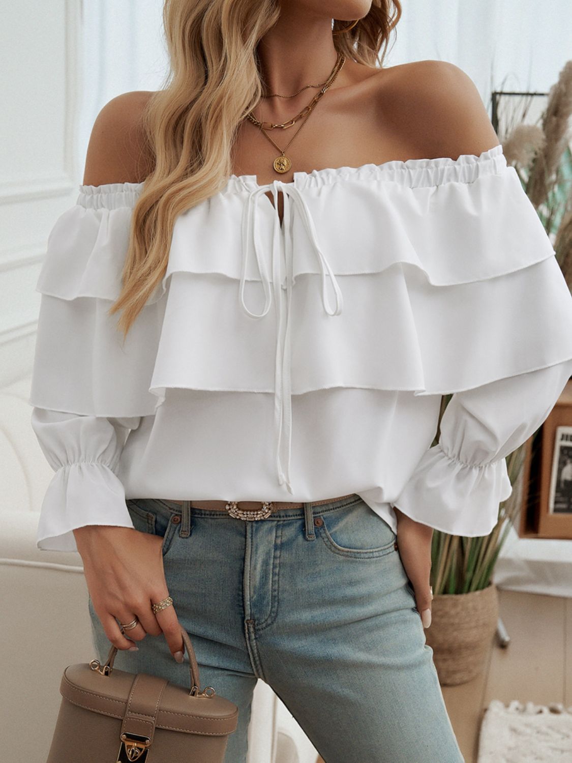 Off-Shoulder Flounce Sleeve Blouse Women&