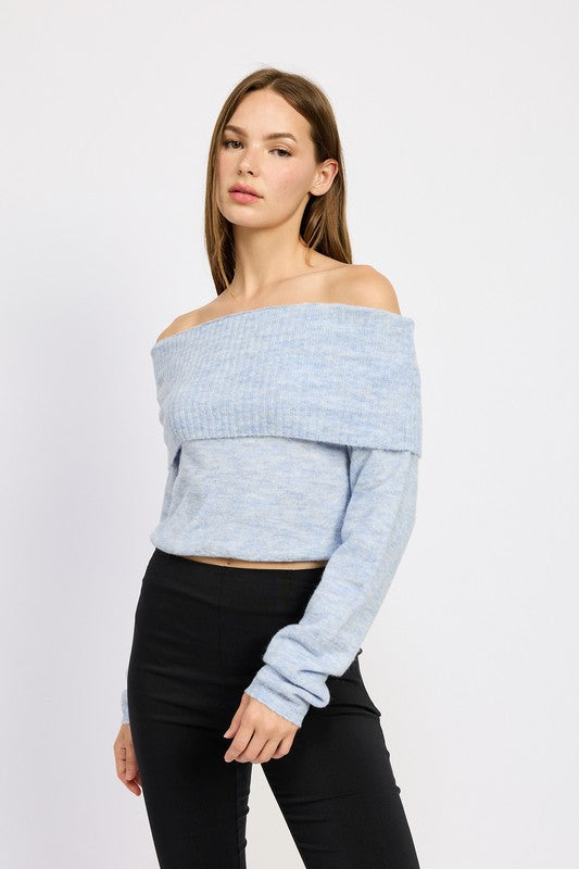 OFF SHOULDER FOLD OVER TOP LT BLUE S by Emory Park | Fleurcouture