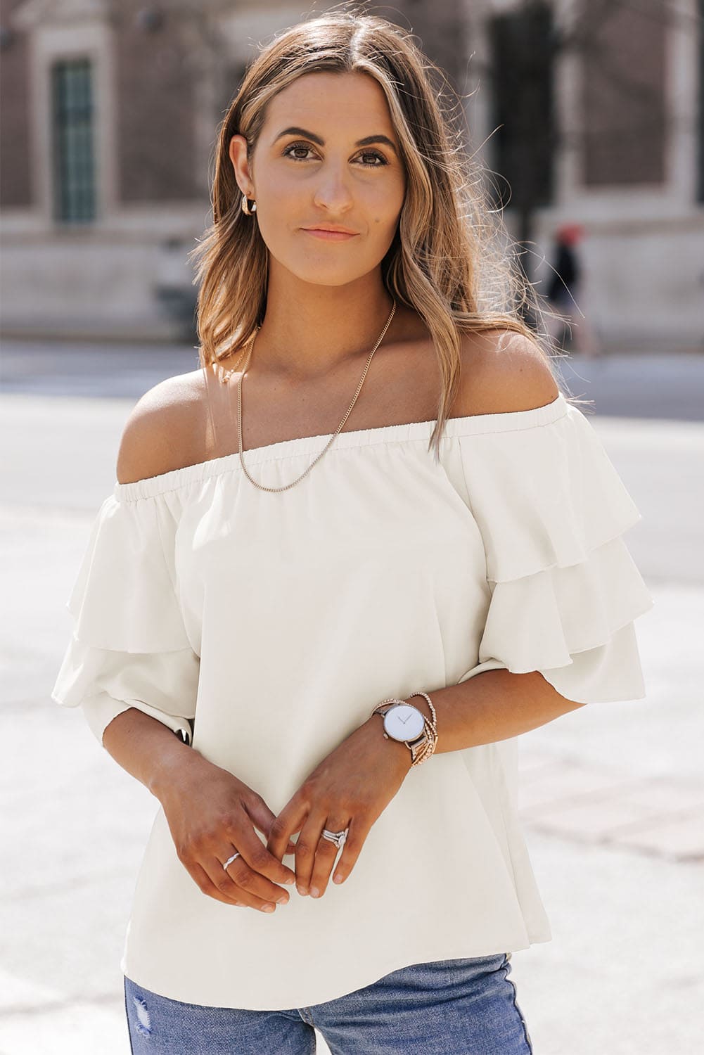 Off-Shoulder Layered Sleeve Blouse Ivory S by Trendsi | Fleurcouture