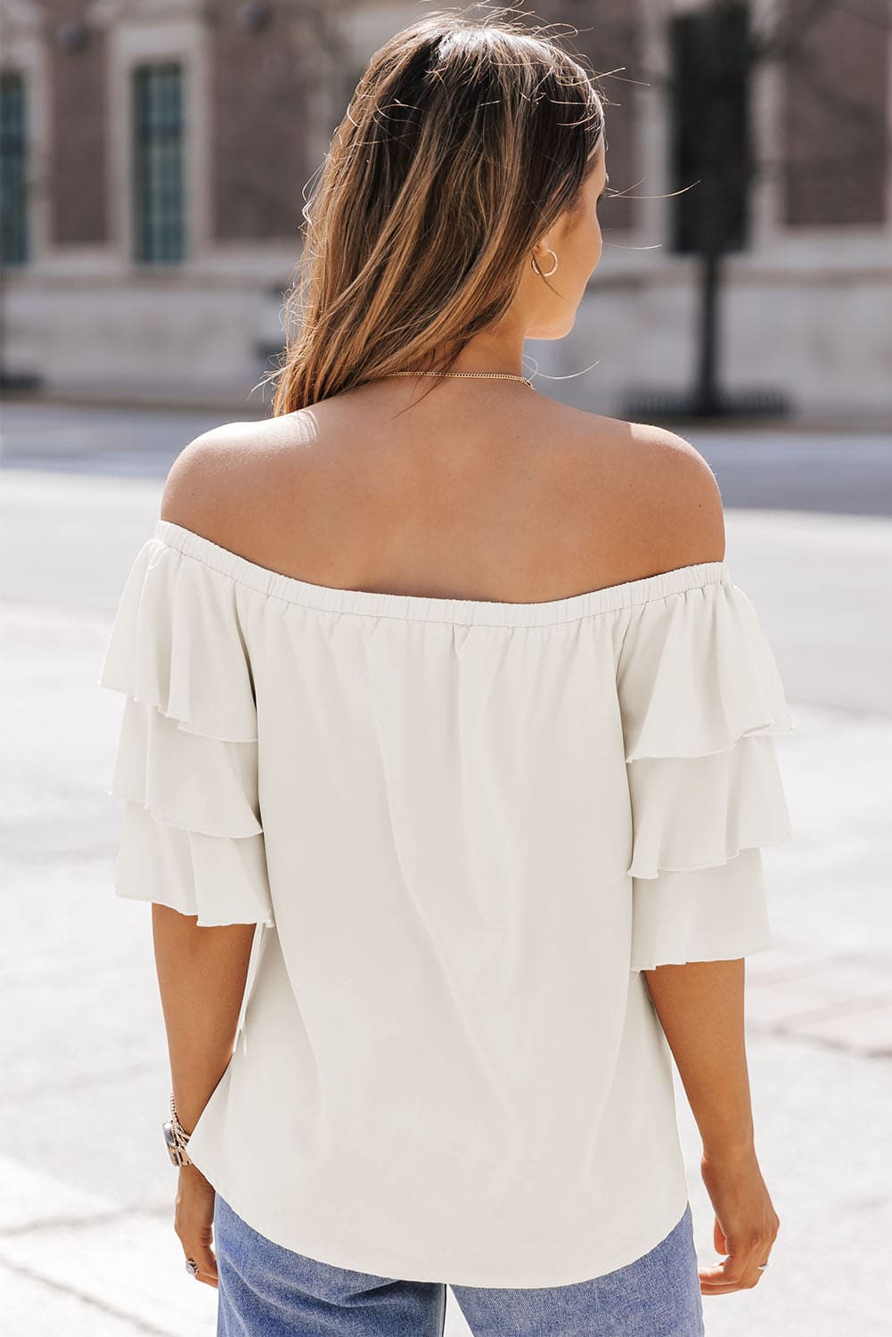 Off-Shoulder Layered Sleeve Blouse Ivory by Trendsi | Fleurcouture