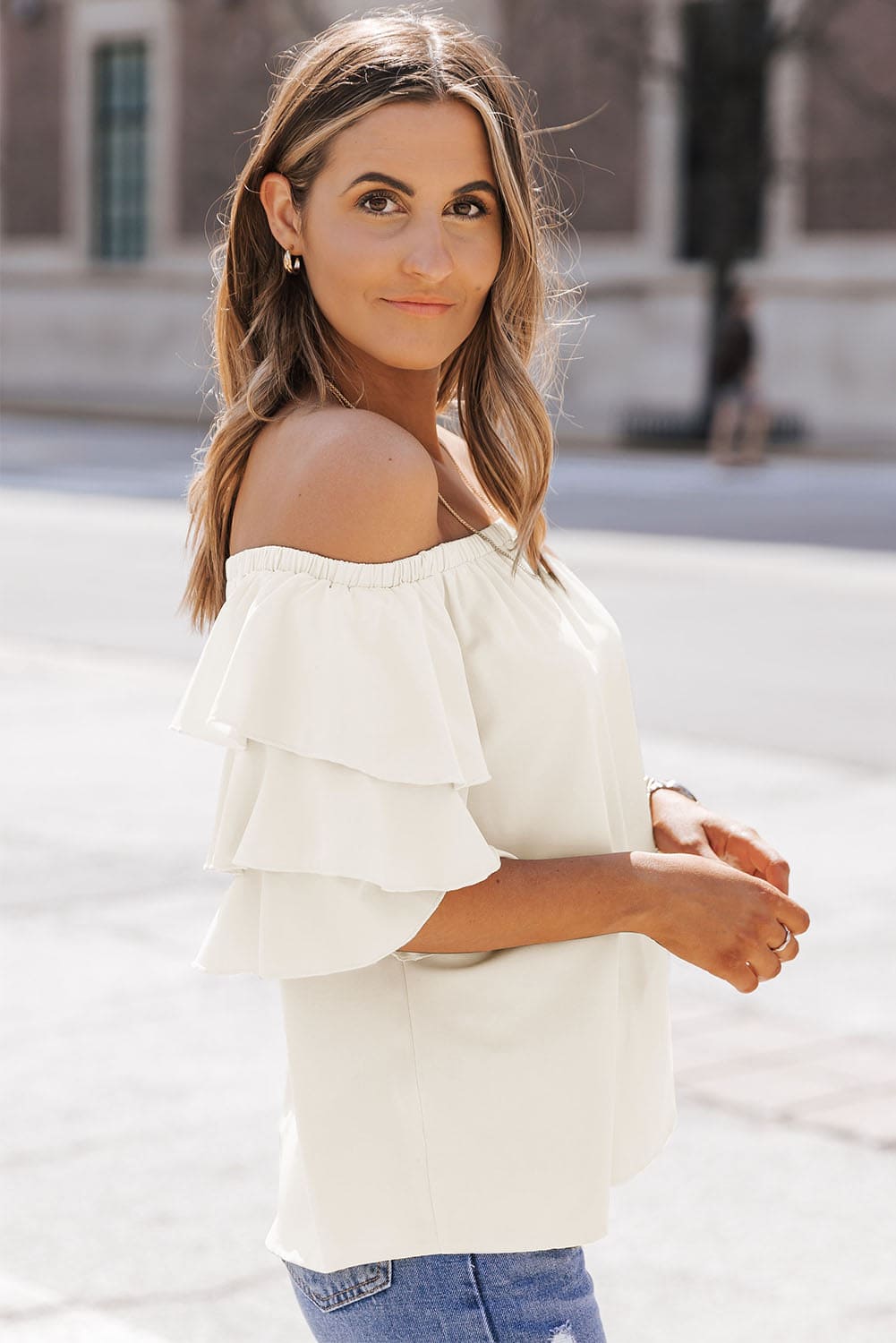 Off-Shoulder Layered Sleeve Blouse Ivory by Trendsi | Fleurcouture