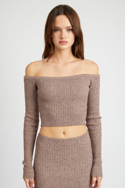 OFF SHOULDER LONG SLEEVE KNIT TOP BROWN S by Emory Park | Fleurcouture