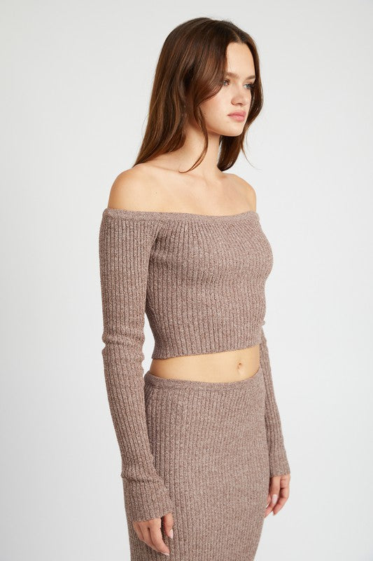 OFF SHOULDER LONG SLEEVE KNIT TOP by Emory Park | Fleurcouture