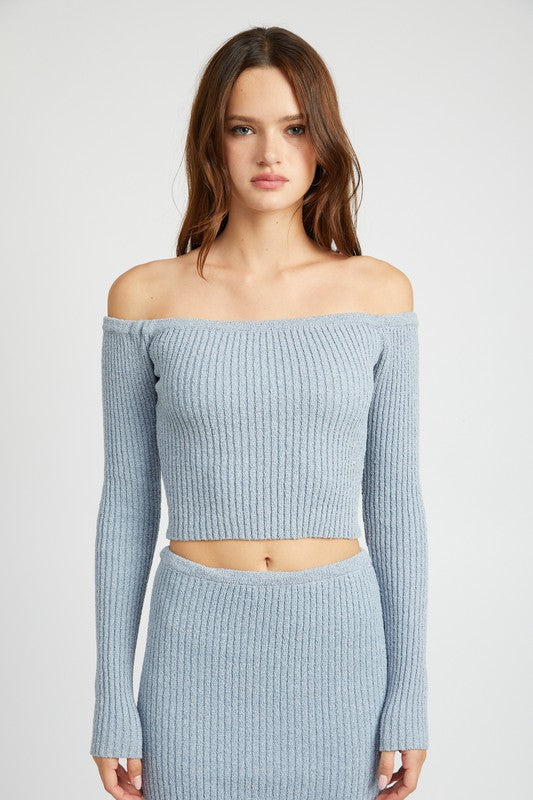 OFF SHOULDER LONG SLEEVE KNIT TOP LT BLUE S by Emory Park | Fleurcouture