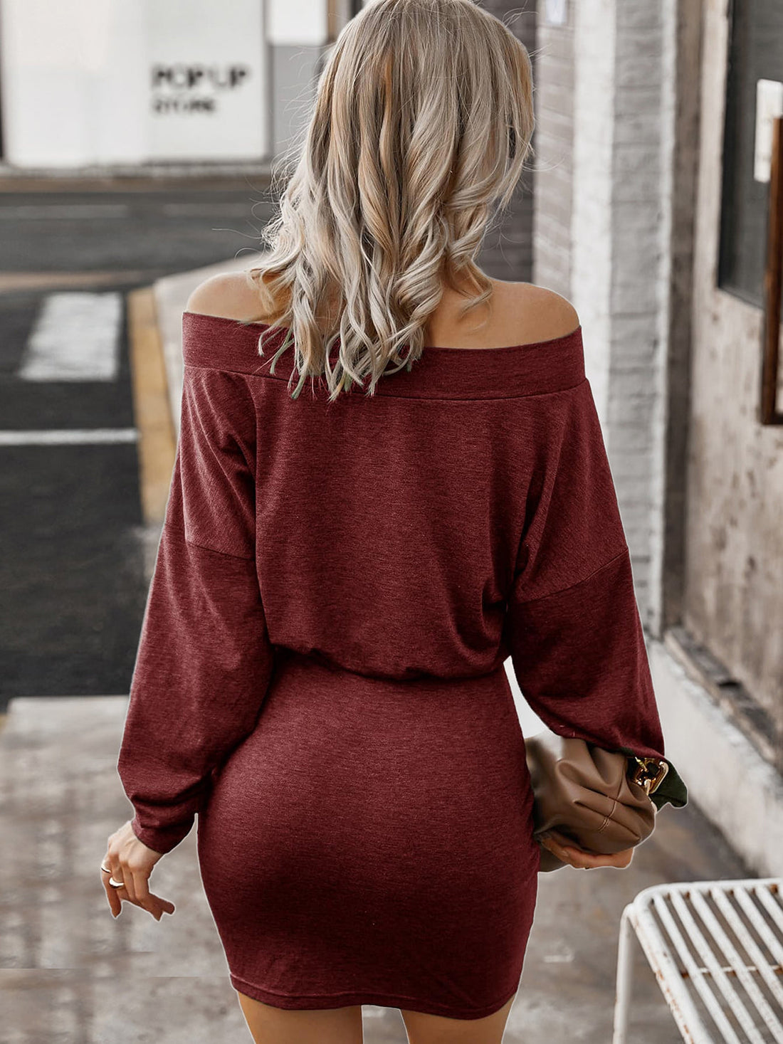 Off-Shoulder Long Sleeve Mini Dress Burgundy Women&