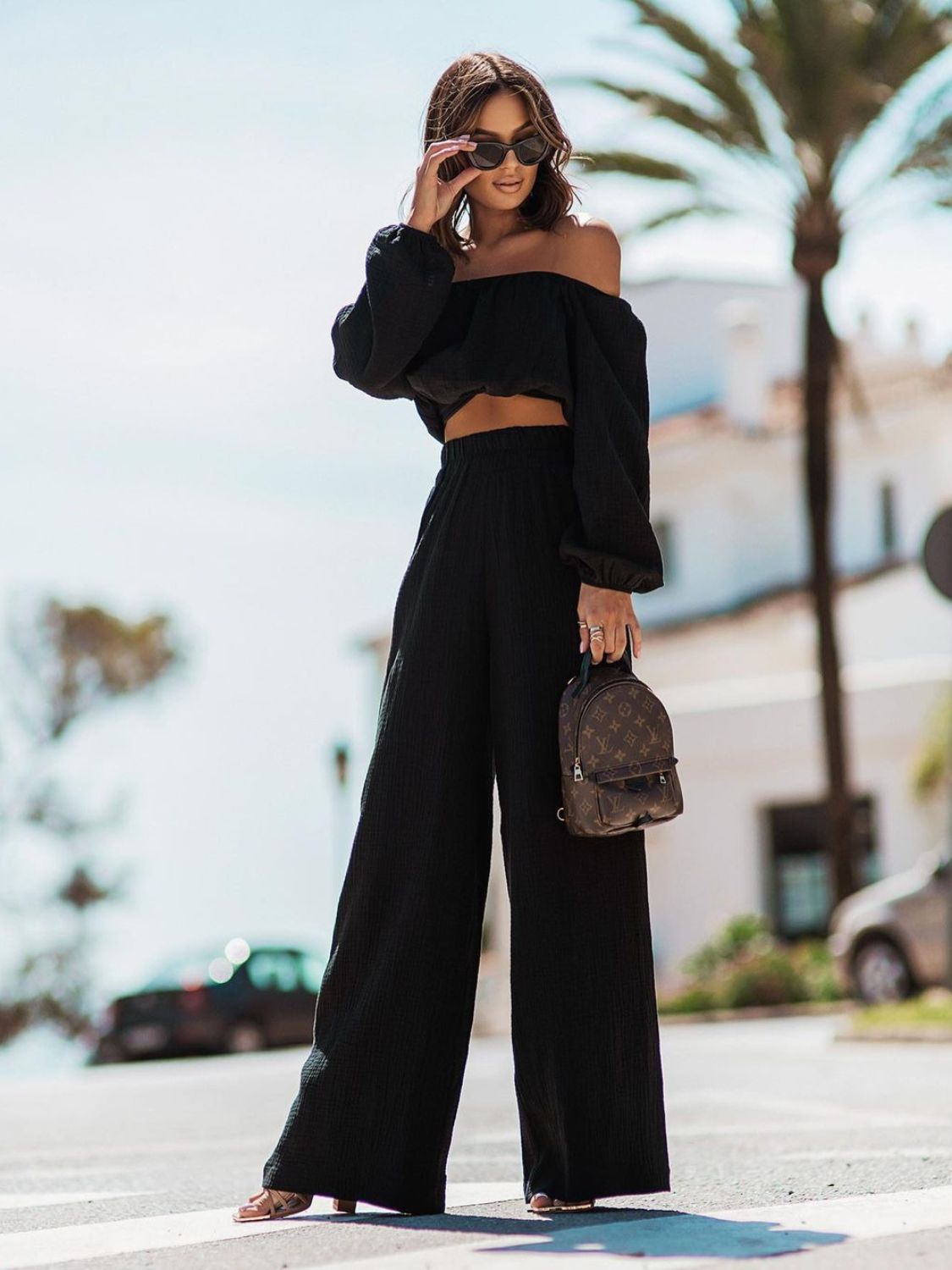 Off Shoulder Long Sleeve Top and Pants Set Black S Two Piece Sets by Trendsi | Fleurcouture