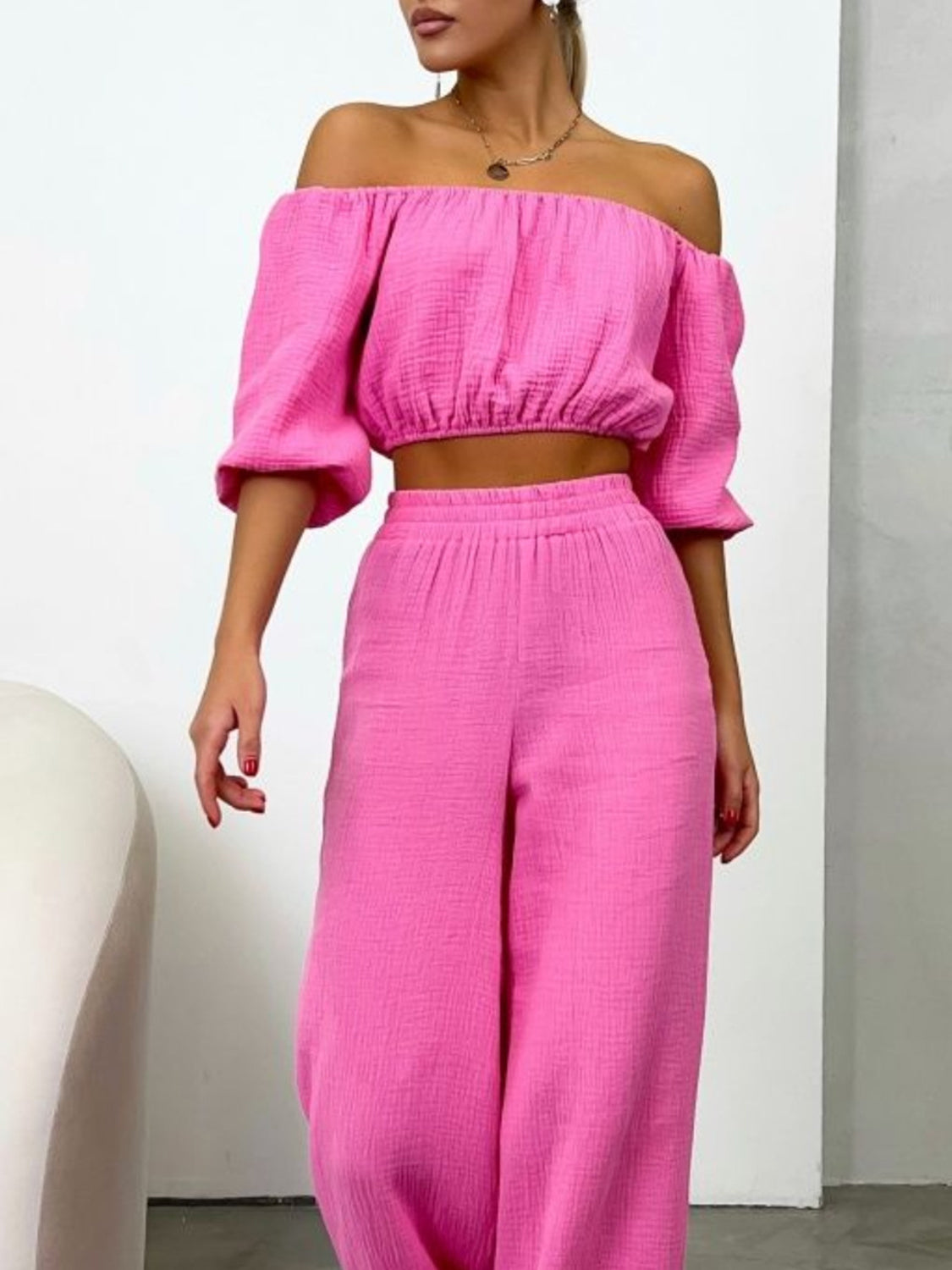 Off Shoulder Long Sleeve Top and Pants Set Hot Pink S Two Piece Sets by Trendsi | Fleurcouture