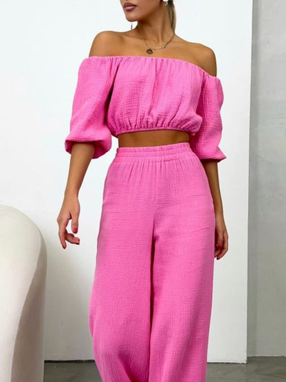 Off Shoulder Long Sleeve Top and Pants Set Hot Pink S Two Piece Sets by Trendsi | Fleurcouture