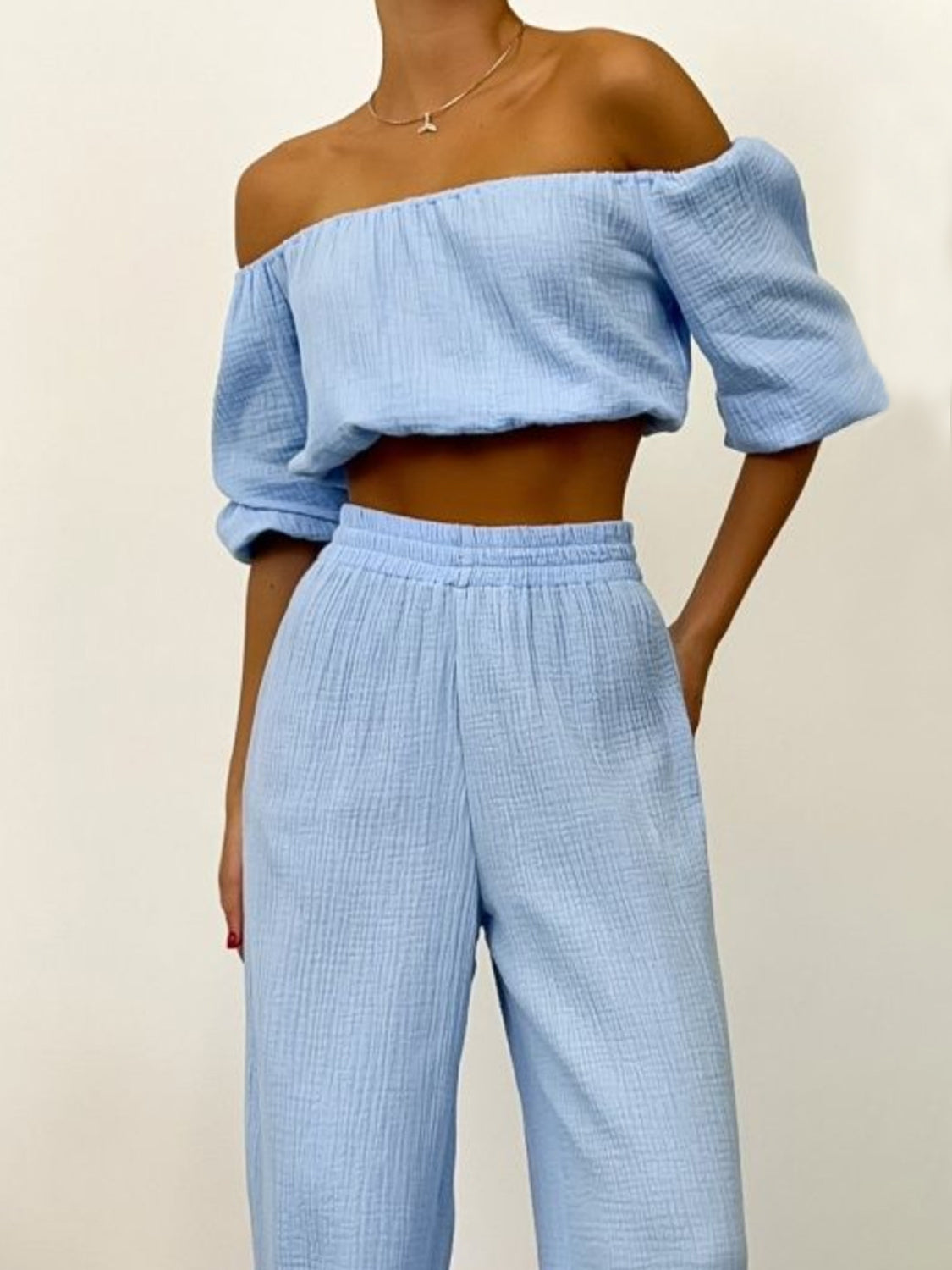 Off Shoulder Long Sleeve Top and Pants Set Light Blue S Two Piece Sets by Trendsi | Fleurcouture