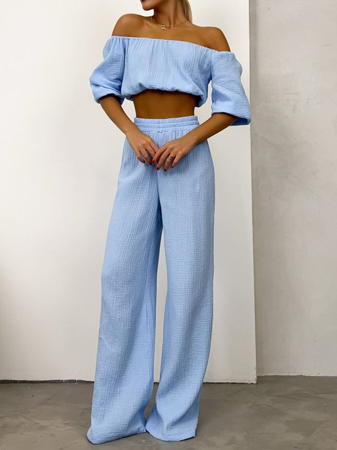 Off Shoulder Long Sleeve Top and Pants Set Two Piece Sets by Trendsi | Fleurcouture