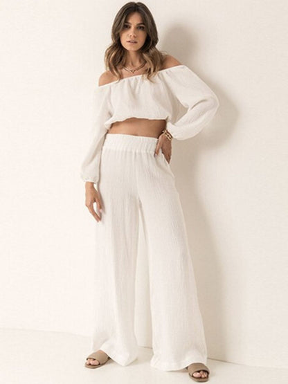 Off Shoulder Long Sleeve Top and Pants Set White S Two Piece Sets by Trendsi | Fleurcouture