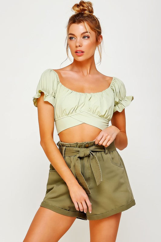 OFF SHOULDER PLEATED CROP TOP WITH BACK RIBBON TIE Foam Green S by Sweet Generis | Fleurcouture