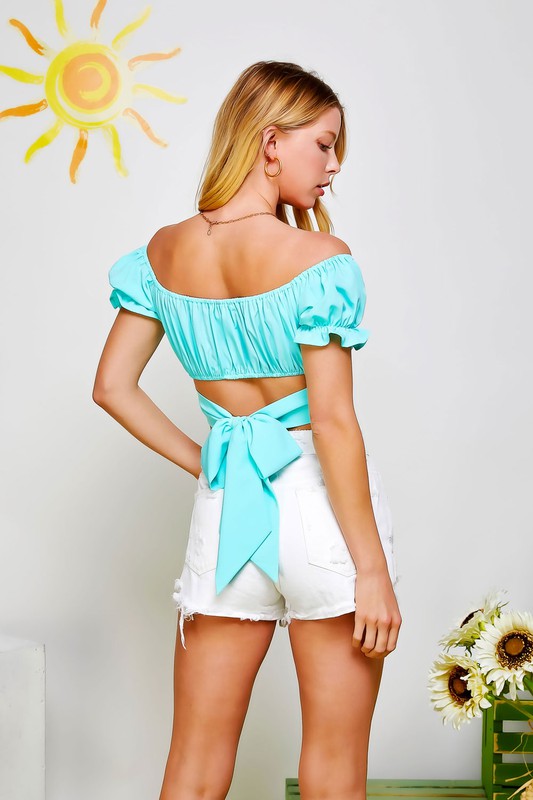 OFF SHOULDER PLEATED CROP TOP WITH BACK RIBBON TIE by Sweet Generis | Fleurcouture