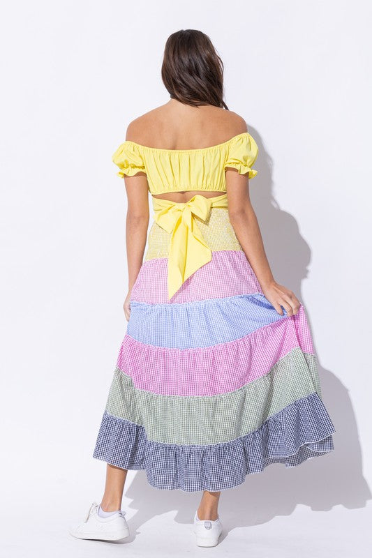OFF SHOULDER PLEATED CROP TOP WITH BACK RIBBON TIE by Sweet Generis | Fleurcouture