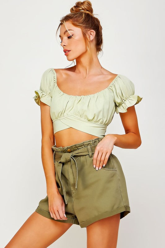 OFF SHOULDER PLEATED CROP TOP WITH BACK RIBBON TIE by Sweet Generis | Fleurcouture