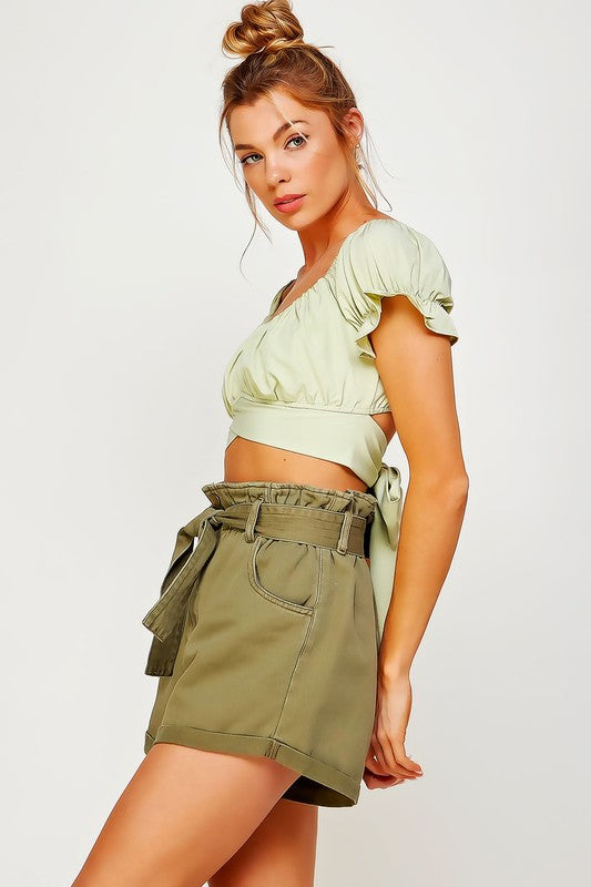 OFF SHOULDER PLEATED CROP TOP WITH BACK RIBBON TIE by Sweet Generis | Fleurcouture
