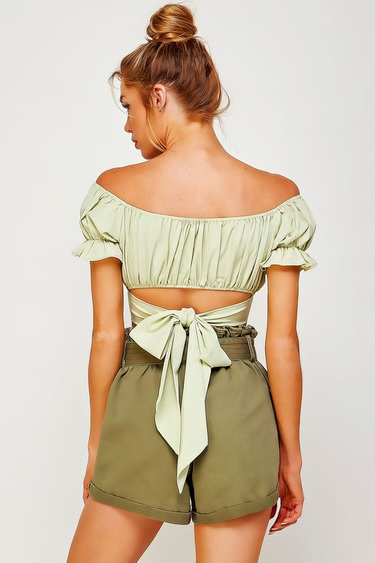 OFF SHOULDER PLEATED CROP TOP WITH BACK RIBBON TIE by Sweet Generis | Fleurcouture