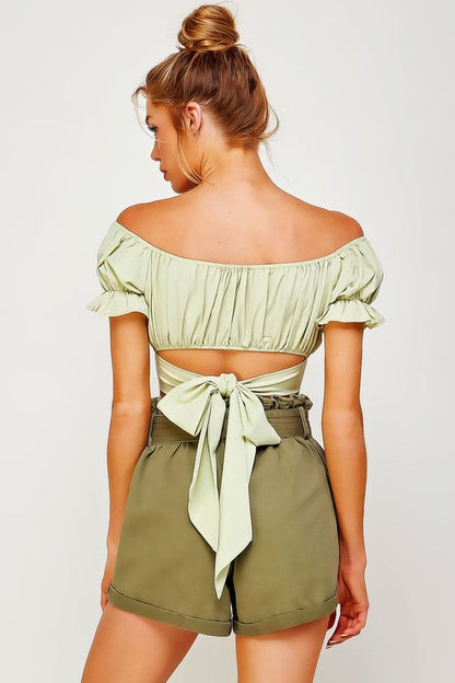 OFF SHOULDER PLEATED CROP TOP WITH BACK RIBBON TIE by Sweet Generis | Fleurcouture