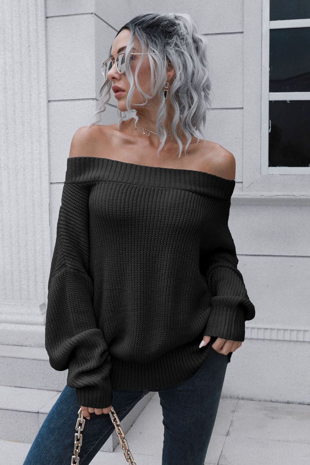 Off-Shoulder Ribbed Long Sleeve Pullover Sweater Black S by Trendsi | Fleurcouture