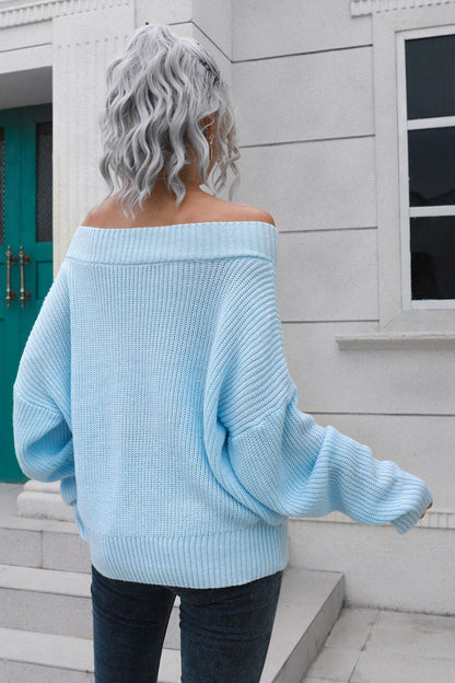 Off-Shoulder Ribbed Long Sleeve Pullover Sweater by Trendsi | Fleurcouture