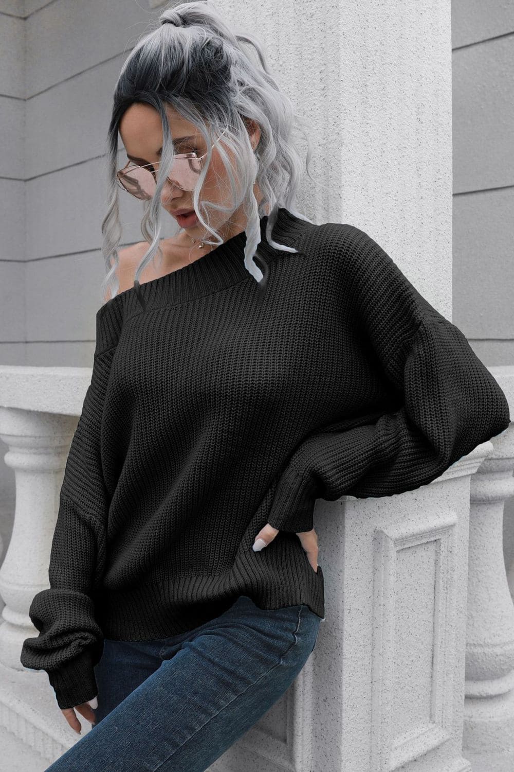 Off-Shoulder Ribbed Long Sleeve Pullover Sweater by Trendsi | Fleurcouture