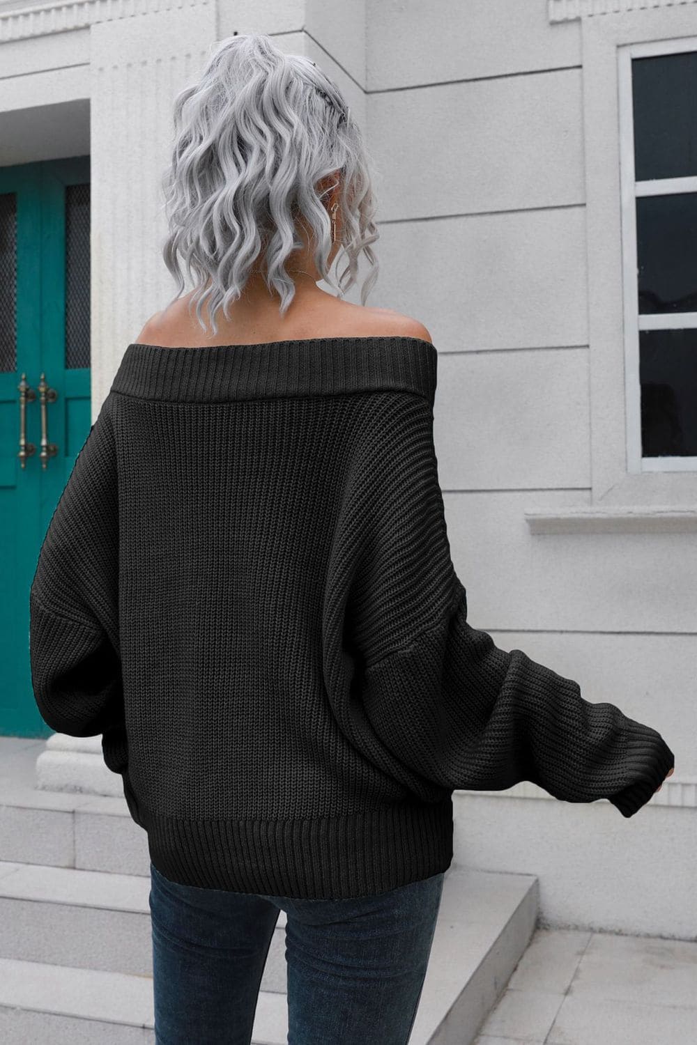 Off-Shoulder Ribbed Long Sleeve Pullover Sweater by Trendsi | Fleurcouture