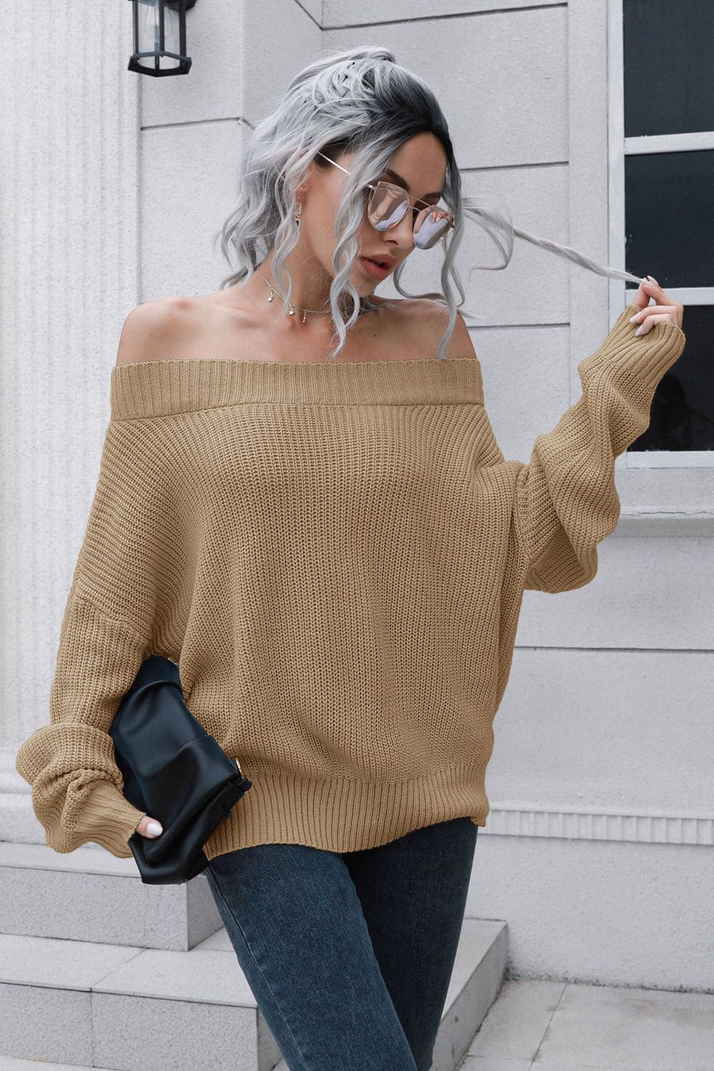 Off-Shoulder Ribbed Long Sleeve Pullover Sweater by Trendsi | Fleurcouture