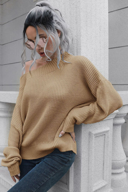 Off-Shoulder Ribbed Long Sleeve Pullover Sweater by Trendsi | Fleurcouture