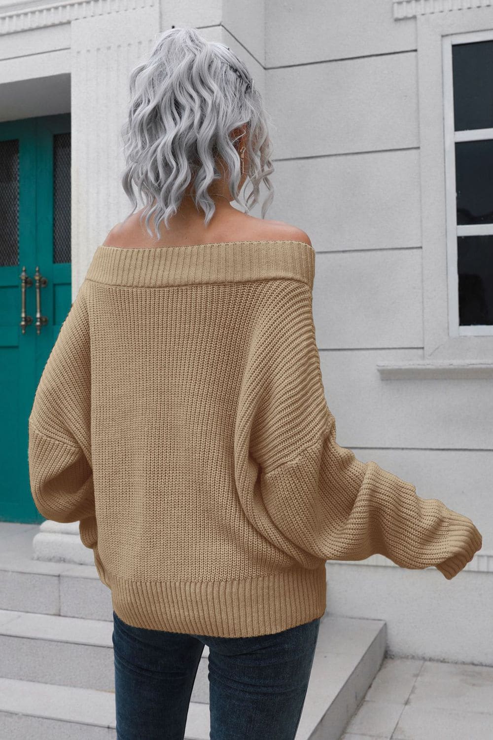 Off-Shoulder Ribbed Long Sleeve Pullover Sweater by Trendsi | Fleurcouture