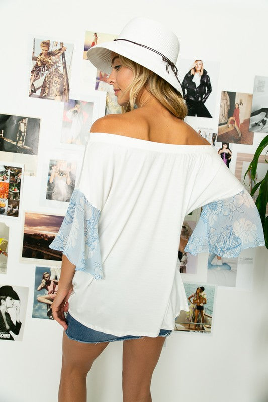 OFF SHOULDER RUFFLE SLEEVE TOP Lt Blue by e Luna | Fleurcouture