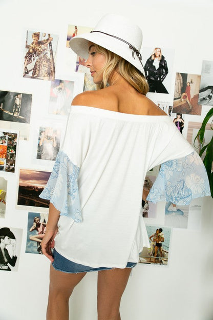 OFF SHOULDER RUFFLE SLEEVE TOP Lt Blue by e Luna | Fleurcouture