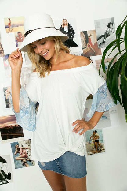 OFF SHOULDER RUFFLE SLEEVE TOP Lt Blue by e Luna | Fleurcouture