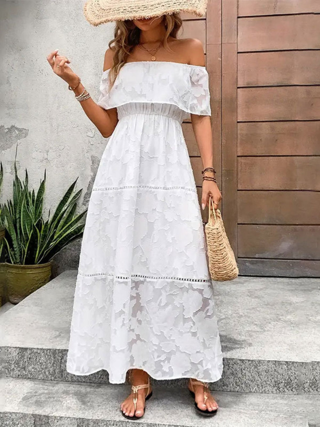 Off-Shoulder Short Sleeve Maxi Dress White S Women&