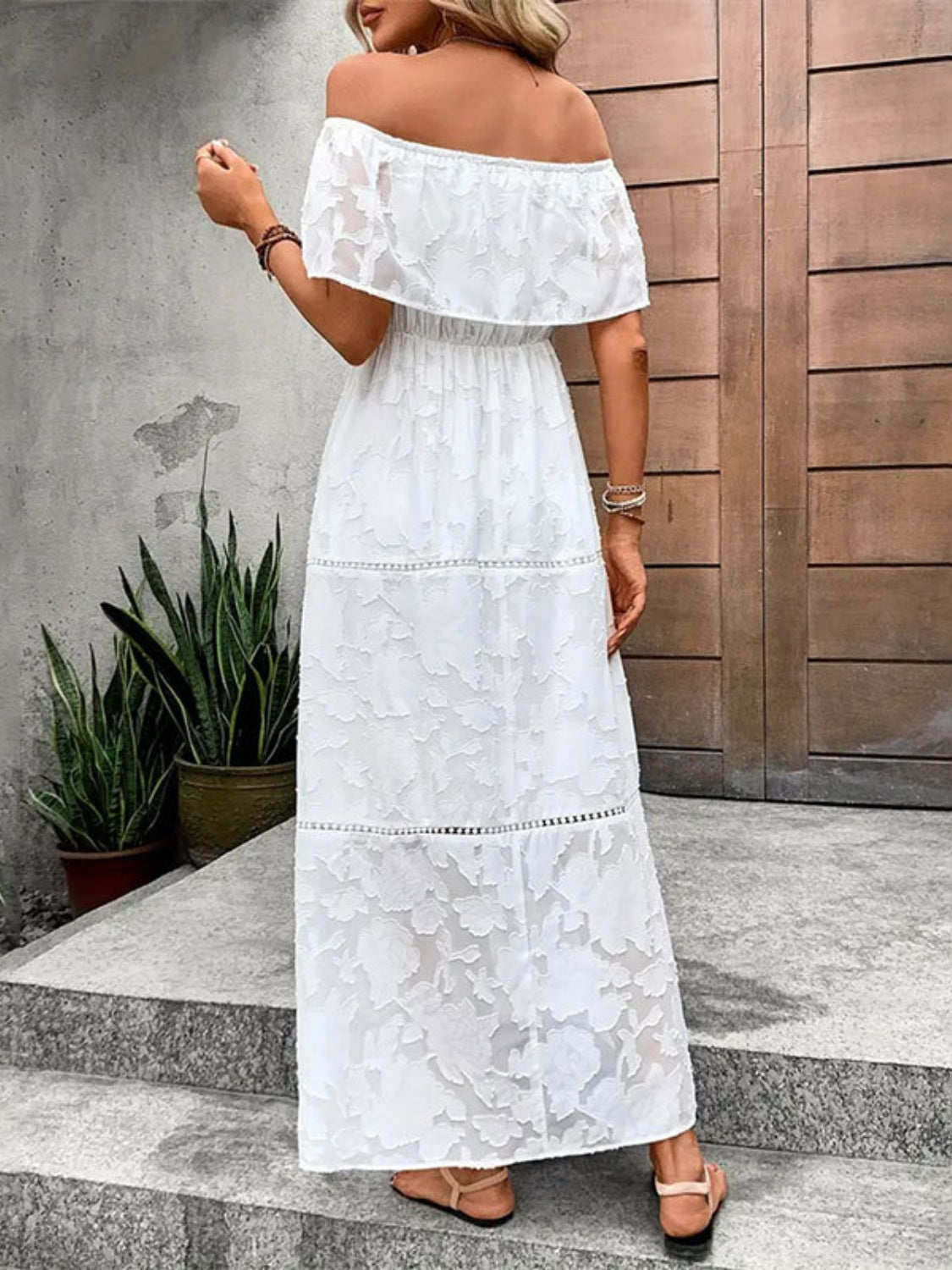 Off-Shoulder Short Sleeve Maxi Dress White Women&