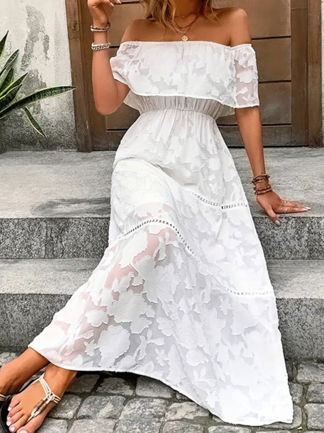 Off-Shoulder Short Sleeve Maxi Dress White Women&