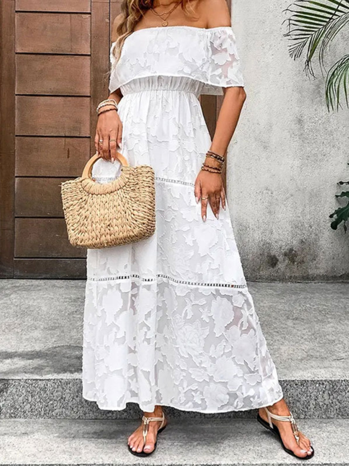 Off-Shoulder Short Sleeve Maxi Dress White Women&