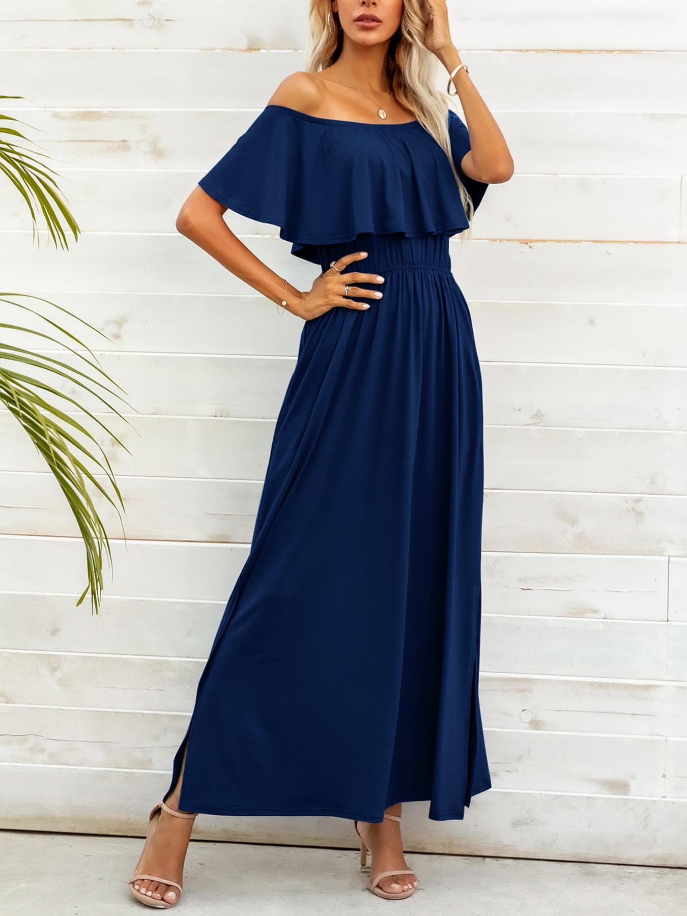 Off-Shoulder Slit Maxi Dress Dark Navy M by Trendsi | Fleurcouture