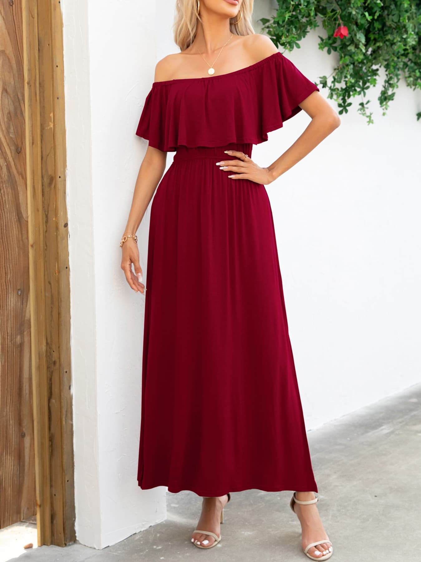 Off-Shoulder Slit Maxi Dress by Trendsi | Fleurcouture