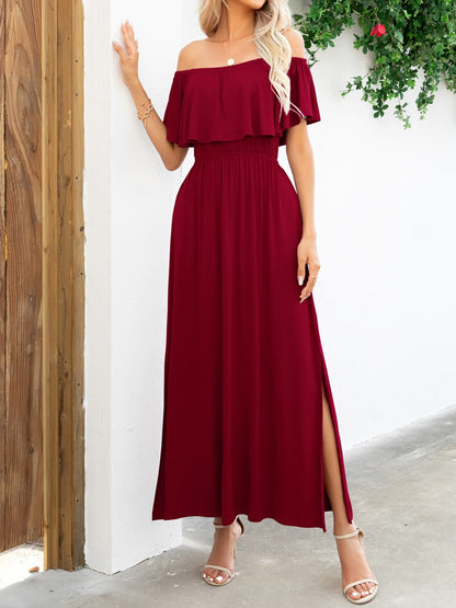 Off-Shoulder Slit Maxi Dress by Trendsi | Fleurcouture