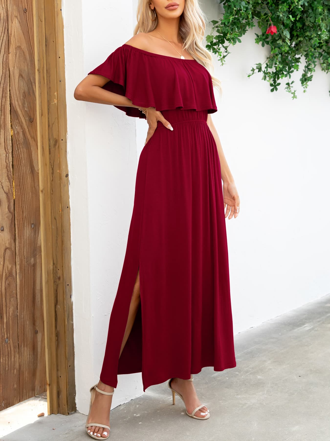 Off-Shoulder Slit Maxi Dress by Trendsi | Fleurcouture