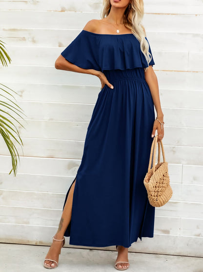 Off-Shoulder Slit Maxi Dress by Trendsi | Fleurcouture