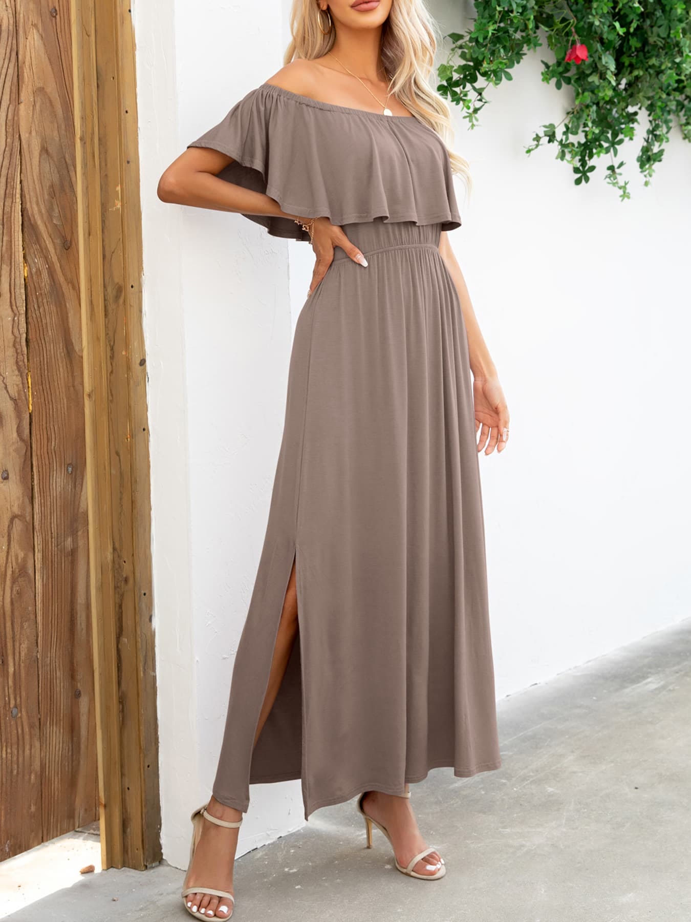 Off-Shoulder Slit Maxi Dress by Trendsi | Fleurcouture