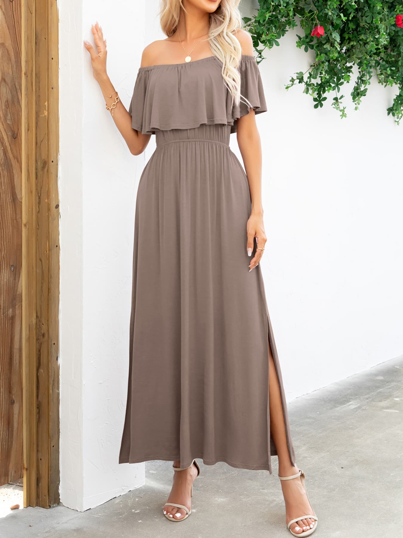 Off-Shoulder Slit Maxi Dress by Trendsi | Fleurcouture