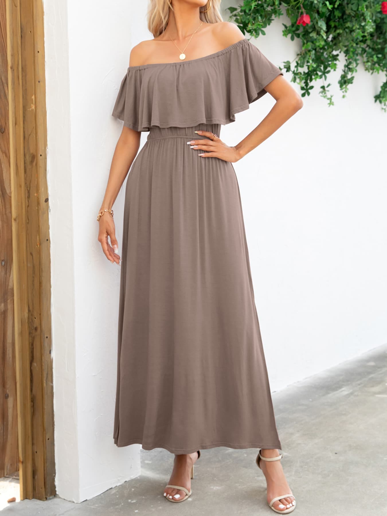 Off-Shoulder Slit Maxi Dress by Trendsi | Fleurcouture