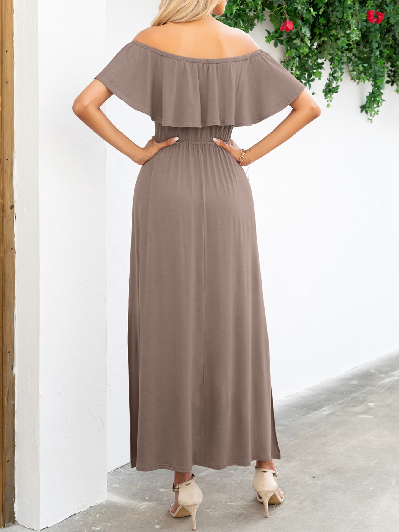 Off-Shoulder Slit Maxi Dress by Trendsi | Fleurcouture