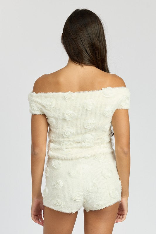 OFF SHOULDER TOP WTH ROSETTE DETAIL by Emory Park | Fleurcouture
